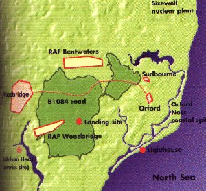 Ex-coronel mantém versão de OVNI em Rendlesham, na Inglaterra, e diz ter provas 2 Mapa da região de Rendlesham Forest, com a localização das bases militares à época do episódio