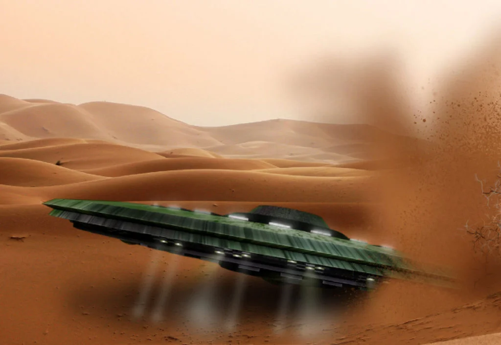 Ex-NASA diz que trilhões de dispositivos alienígenas camuflados estão escondidos na Terra 4 Ilustração de uma cena de disco voador acidentado - fonte de destroços de metamateriais do óvni - Imagem de ParallelVision por Pixabay