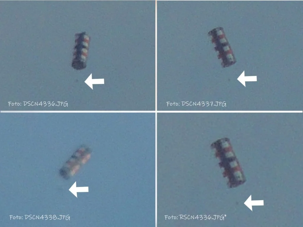 Montagem com a sequência de imagens do ufo cilíndrico. O ponto preto poderia indicar a presença de um cabo