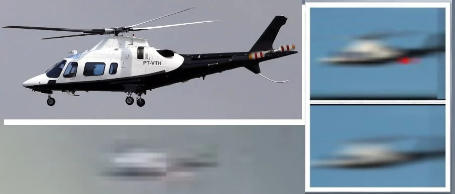 UFO "Tic Tac" da BAND: imagens de alta resolução solucionam o mistério 3 Comparação entre a aeronave a curta distância, o efeito de desfoque por movimento ("motion blur"), e um frame original do vídeo em alta resolução, ao fundo (Cortesia Thiago TIcchetti)