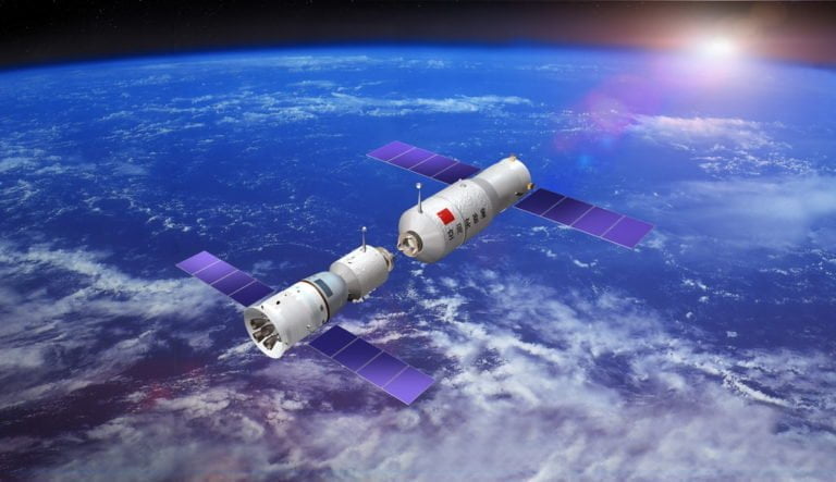 Representacao artistica da conexao de dois modulos para a construcao da Estacao Espacial Chinesa imagem Aagencia Espacial da China
