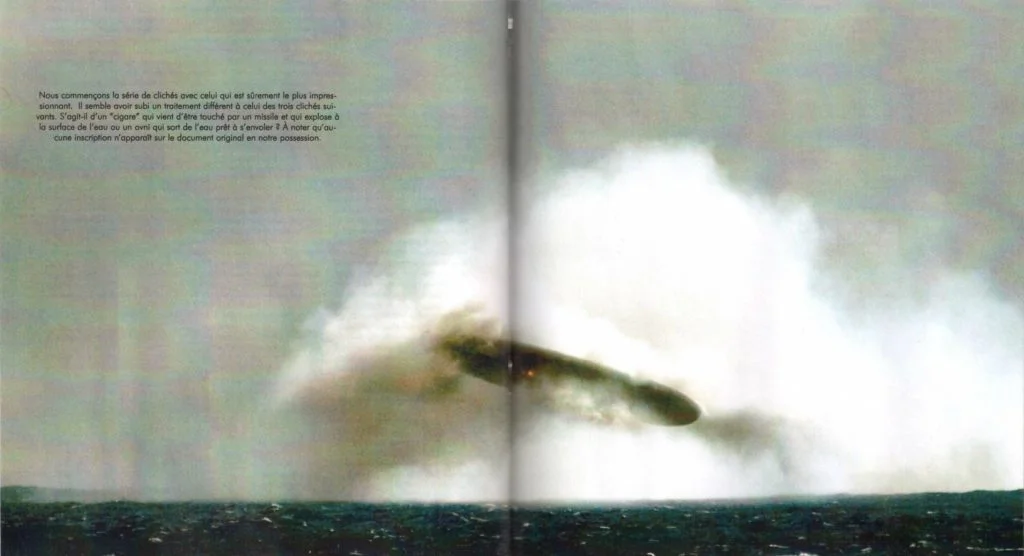 As estranhas fotos de óvnis no mar tiradas do submarino USS Trepang em 1971 4 Reprodução da revista francesa Top Secret, com a dobra e marcas de grampos no centro (fonte The Black Vault)