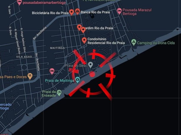 Testemunha registra estranho objeto brilhante em Bertioga (SP) 2 Praia do Sesc, onde foi filmado objeto brilhante (Imagem Google Maps - Reprodução)