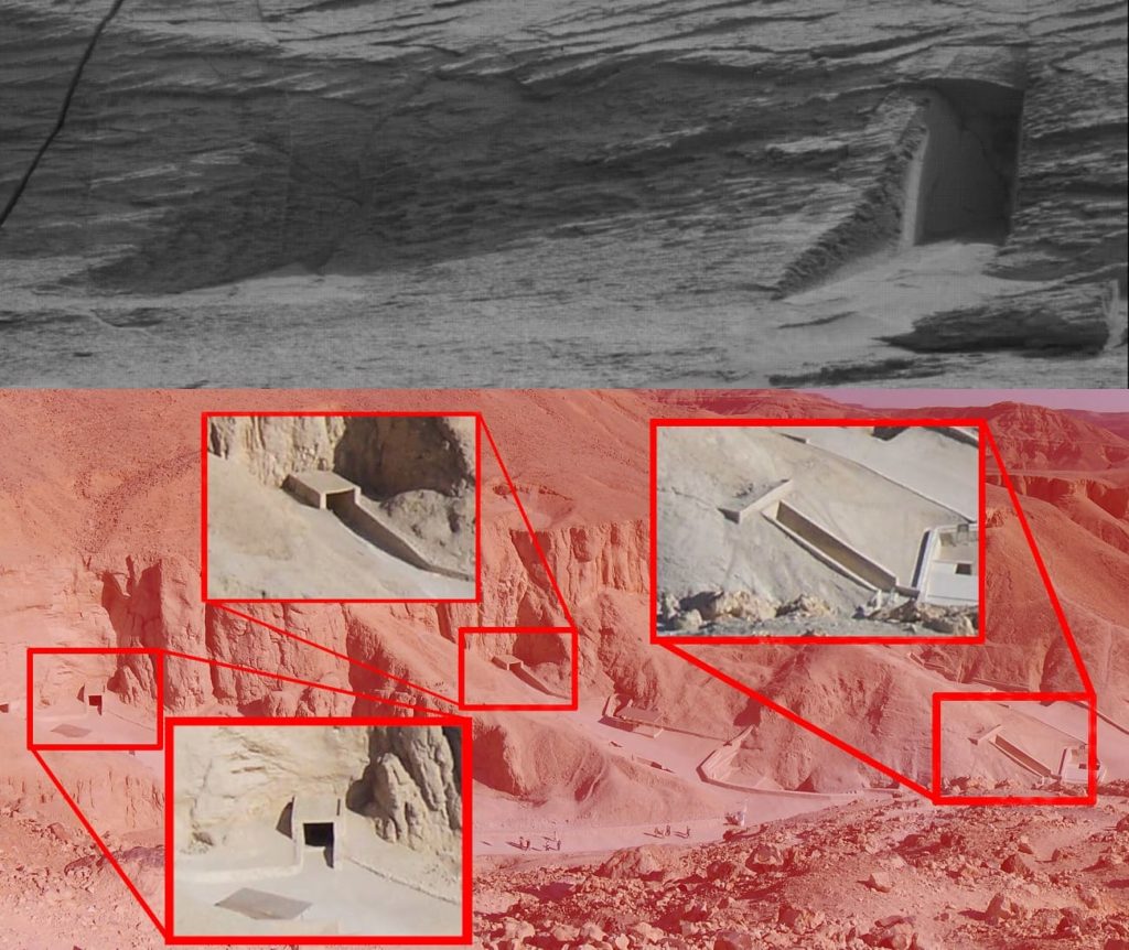 Portal de alienígenas do passado, egípcios em Marte ou... uma rachadura? 1 Um recorte do Vale dos Reis, no Egito, para comparação com o efeito visual da imagem obtida em Marte (montagem fotos Wikipedia - NASA)