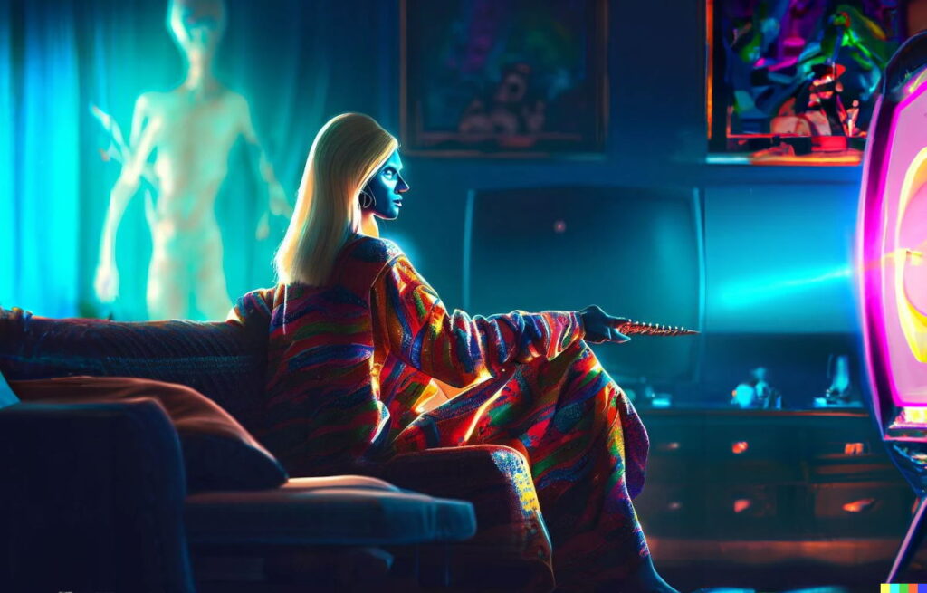 Ashtar Sheran assistindo uma treta na TV galáctica (Portal Vigília usando Dall-E 2 da OpenAI)