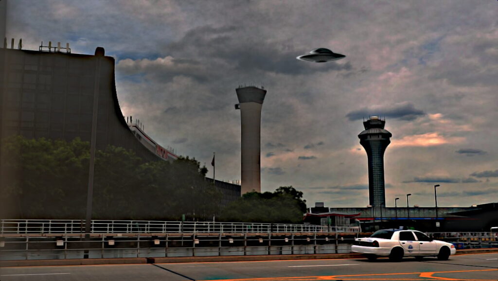 Pesquisadores associam incidente óvni de O'Hare em 2006 a motor de dobra 1 Ilustração sobre o incidente em O'Hare (Montagem sobre foto de panoramio - Wikimedia - CC3.0)