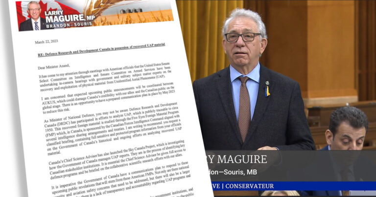 Carta do parlamentar Larry Maguire, do Canadá, caiu como uma bomba na Ufologia