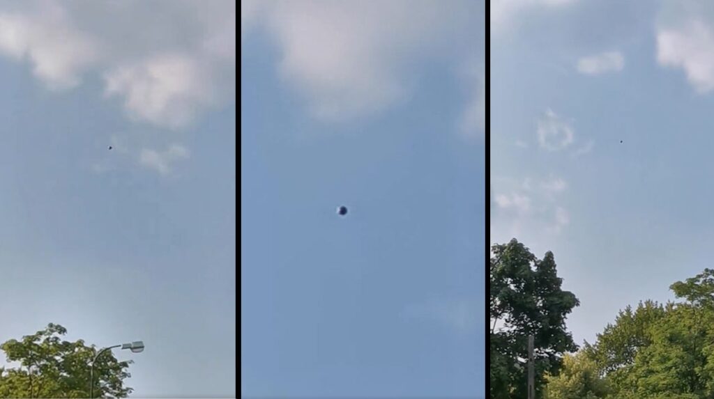 Esfera metálica é filmada sobrevoando na Polônia 1 Esfera aparentemente metálica registrada na Polônia (Reprodução - Twitter 528vibes)