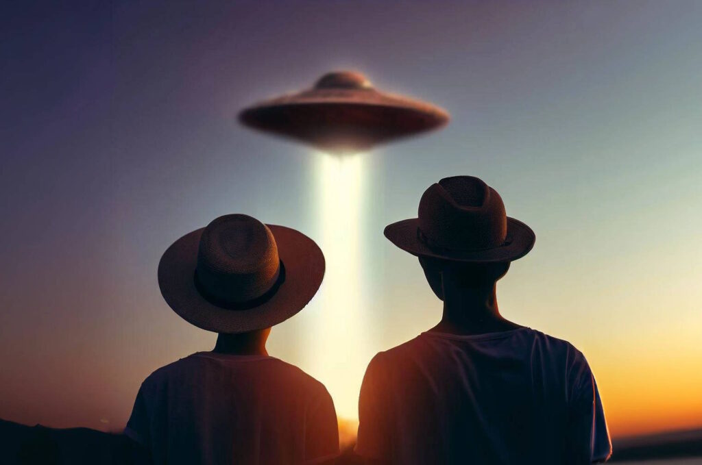 UFO Crônica: UFO prosa 1 UFO Prosa: amigos avistam um disco voador lançando um feixe de luz na direção deles. Ilustração: Portal Vigília/Bing/Dall-E 2