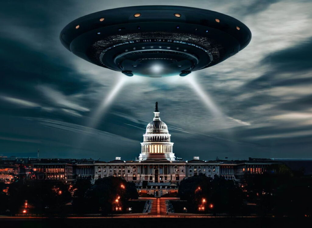 UAPDA: nem pressão política nem apelo de celebridades salvaram a "transparência UAP" 1 Ufo gigante sobre a Câmara dos Representantes - o Congresso dos EUA (Portal Vigília/Dall-E2)