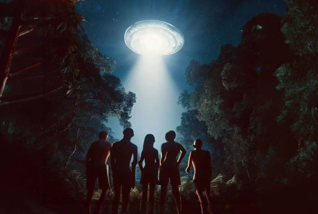 Indígenas observando disco voador na floresta (Ilustração - Dall-E/Portal Vigília)