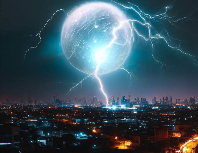 Raio globular parecido com óvni enorme sobre uma cidade durante uma tempestade (Ilustração Portal Vigília/Bing/Dall-E2)