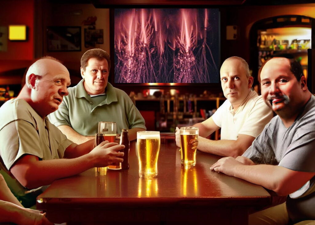 UFO Crônica: Papo ufológico 2 1 Ilustração/montagem - Papo ufológico na mesa de bar (Portal Vigília/Dall-E 2 - Red Sprites/NASA)