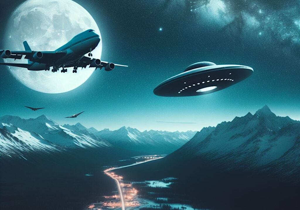 OVNIs gigantes perseguiram avião comercial nos céus do Alasca em 1986 1 OVNIs gigantes perseguiram avião comercial nos céus do Alasca em 1986 (Imagem - Dall-E - Portal Vigília)