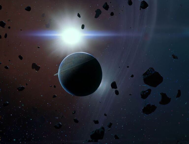 Representacao artistica de um planeta cercado de pequenos asteroides Portal Vigilia Dall E