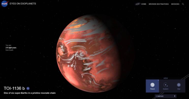 Representação do exoplaneta TOI-1136b no Eyes On Exoplanets, da NASA (Reprodução)