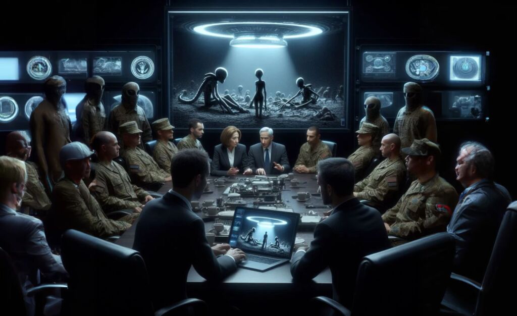 Segredos sombrios: nova leva de revelações explosivas sobre UAPs e o Pentágono 1 Ilustração: Congressistas dos EUA reunidos com militares para assistir a um vídeo de aliens (Portal Vigília via Dall-E)