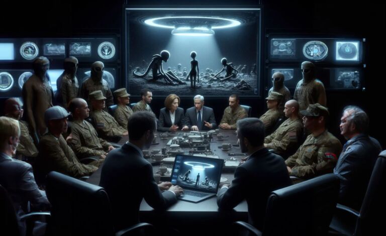 Ilustração: Congressistas dos EUA reunidos com militares para assistir a um vídeo de aliens (Portal Vigília via Dall-E)