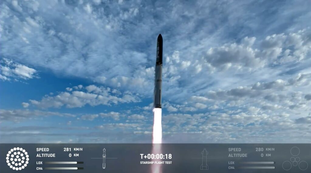 Um passo a mais para a Lua e Marte: Starship realiza 3º teste com sucesso 1 Sucesso no terceiro teste de voo da Starship com o booster Super Heavy (Reprodução/X/SpaceX)