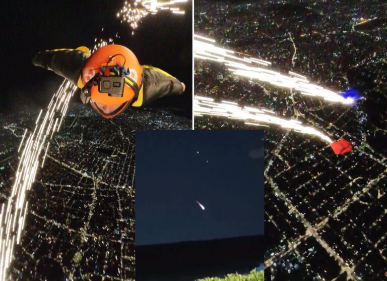 Montagem com imagens do salto sobre SP (Cortesia Binho Benvenuti) e captura de um dos vídeos que viralizaram (Reprodução/Instagram)