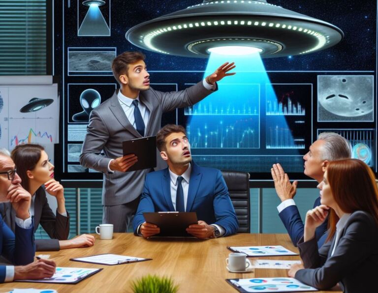 Um ufólogo coordenando reunião corporativa? (Ilustração/montagem criada com auxílio de IA)