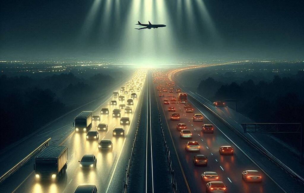 O suposto OVNI de Campinas e os desafios da Ufologia na era das redes sociais 1 Avião sobre uma rodovia - uma reflexão sobre a percepção das testemunhas, redes sociais e a situação da Ufologia (Gerada por IA)