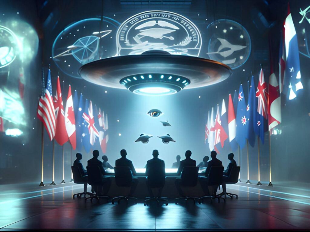 Liberation Times estranha resposta do MoD britânico sobre extraterrestes 1 Ilustração - Uma reunião do Five Eyes do OVNIs (Gerada por IA - Portal Vigília)