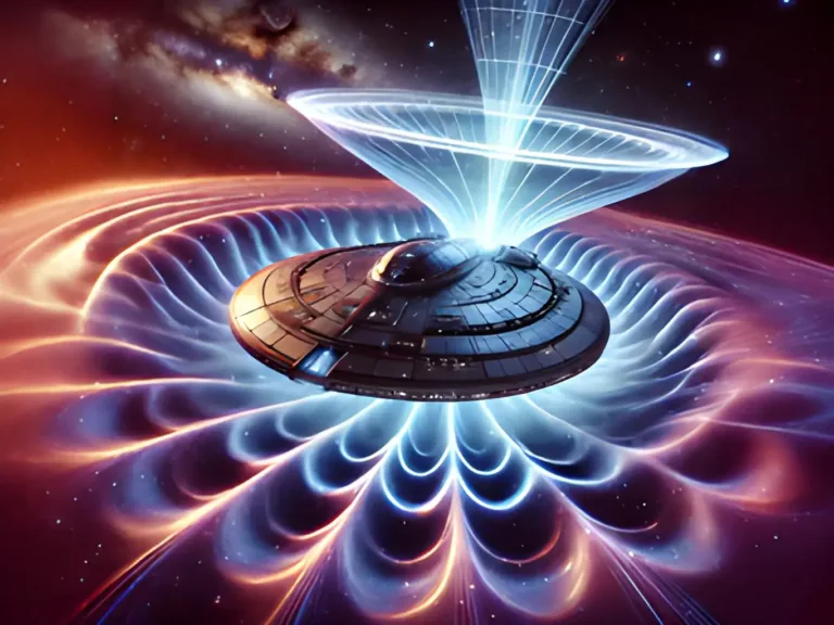 Ilustração - uma representação futurista de uma nave capaz de warp drive (droba espacial) gerando ondas gravitacionais