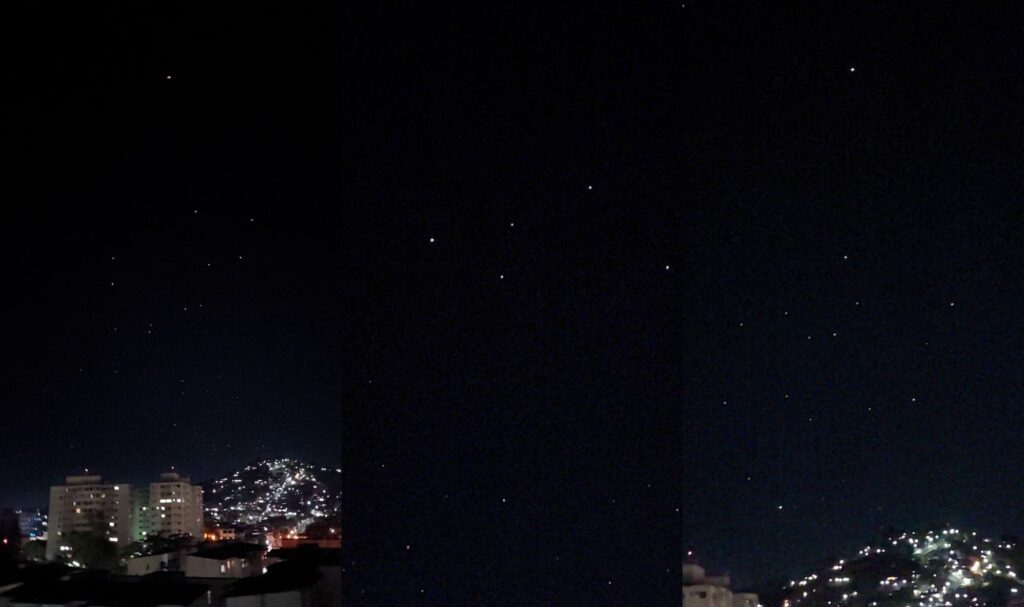Três momentos do vídeo em Barreto (Niterói). Luzes se parecem com estrelas, mas se movem em trajetórias e velocidades diferentes (imagem cedida)
