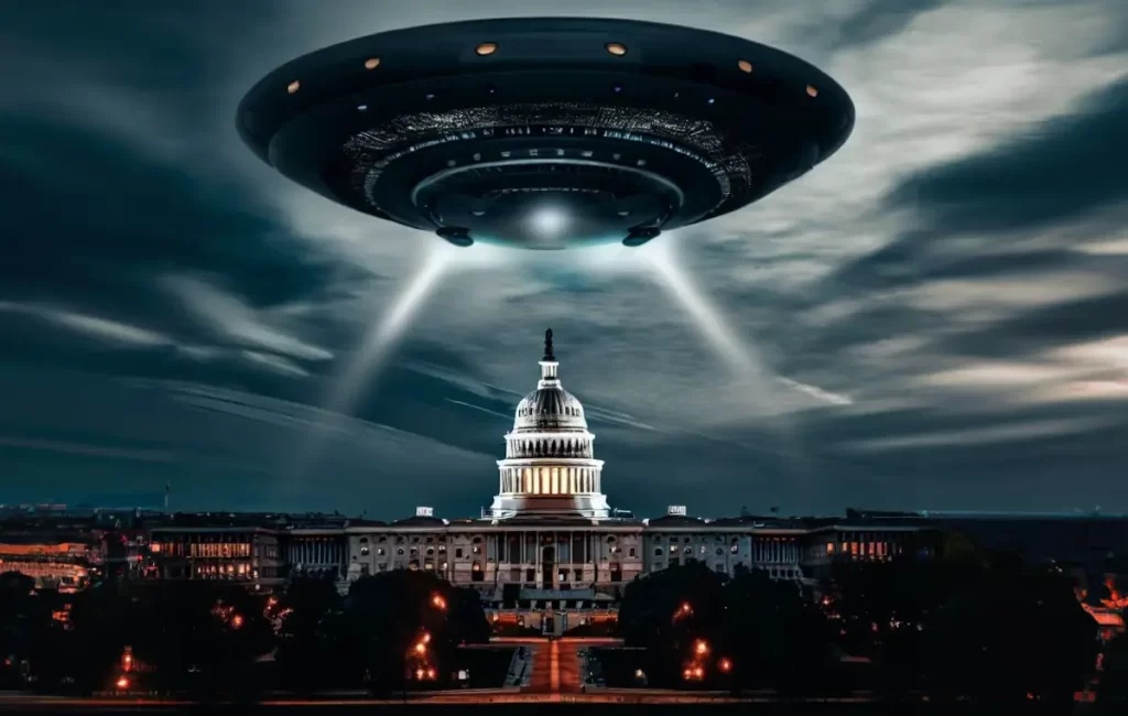 Confirmadas as testemunhas da nova audiência sobre UAPs na Câmara dos EUA 1 Ufo gigante sobre o capitólio (Imagem gerada por IA)