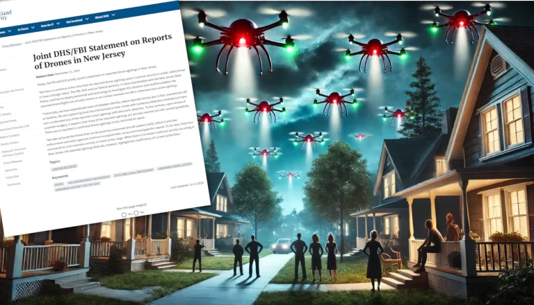 Drones misteriosos voando sobre um bairro suburbano à noite, com luzes vermelhas, verdes e brancas brilhantes (gerado por IA)