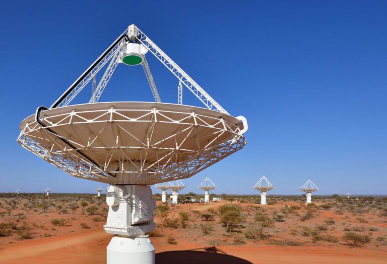 Close up de uma antena do observatório radioastronômico ASKAP, com várias outros ao fundo. Imagem: CSIRO