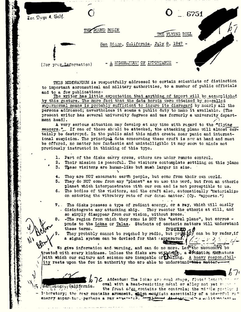 O Memorando "Round Robin": novamente o FBI e os UFOs 2 O memorando Round Robin, do FBI, com supostas informações sobre UFOs e seus tripulantes interdimensionais (reprodução)