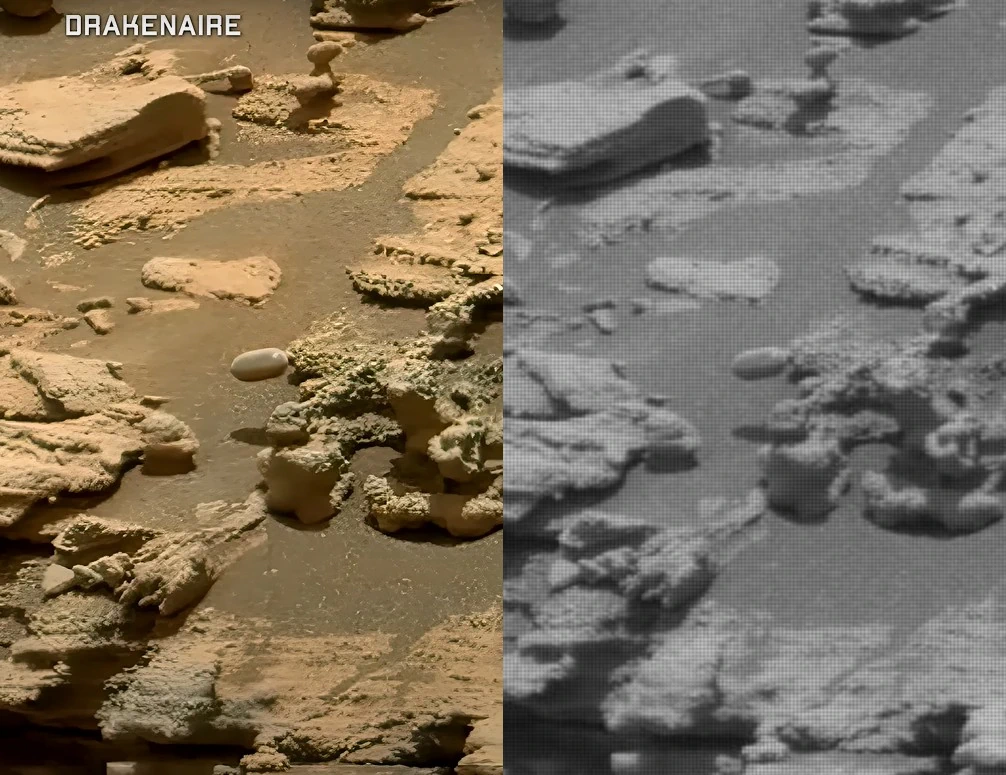 "Tic Tac" em Marte? Tamanho expõe erro no paralelo com famoso UAP da Marinha dos EUA 3 Comparação entre a foto tratada e a original (NASA)