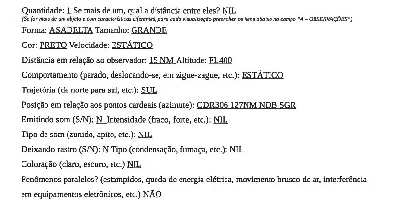 Arquivo Nacional do Brasil antecipa liberação de 26 novos registros de OVNIs 3 Parte do relatório do encontro com uma "asa delta" grande e preta, a 40 mil pés de altitude. (Reprodução: Arquivo Nacional)
