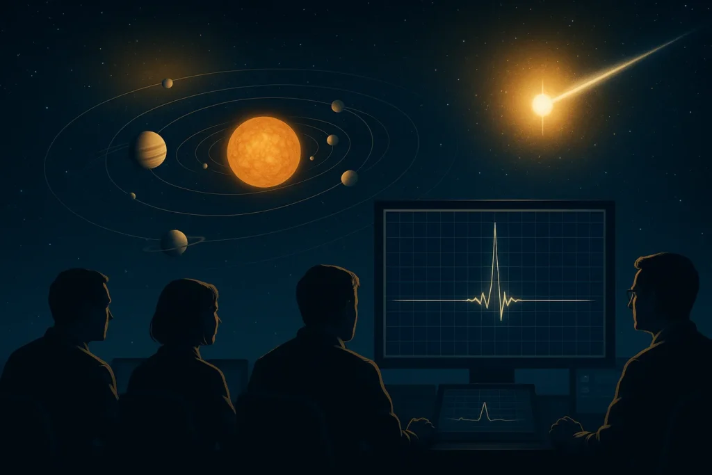 Cientista detecta pulso de luz anômalo que pode ter implicações para a busca SETI - pesquisa por inteligências extraterrestres (Ilustração gerada por IA)