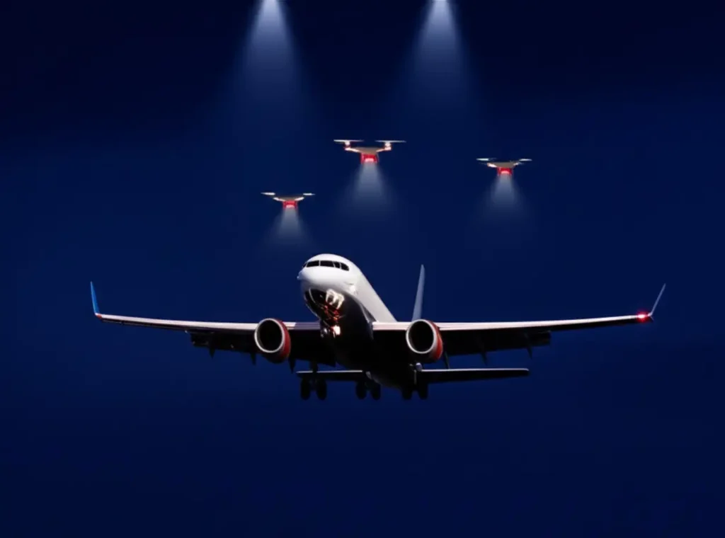 Drones param Aeroporto de Guarulhos (SP) em caos noturno 1 Presença de drones próximos à pista faz Aeroporto de Guarulhos interromper operações (ilustração por IA)