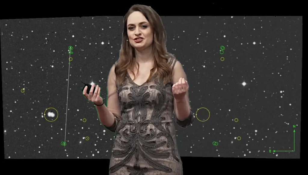 Dra. Beatriz Villarroel acredita ter descoberto objetos artificiais em orbita geoestacionária na Terra (Reprodução Ted Talks Youtube_Fotomontagem)