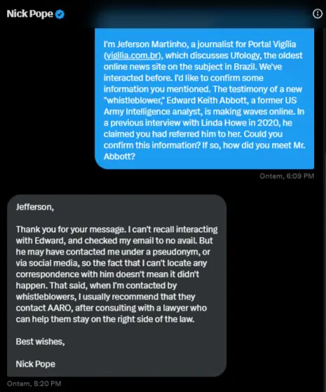 Alien Skinny Bob é real, diz Edward Abbott, ex-analista do Exército 5 Resposta de Nick Pope, no X.com