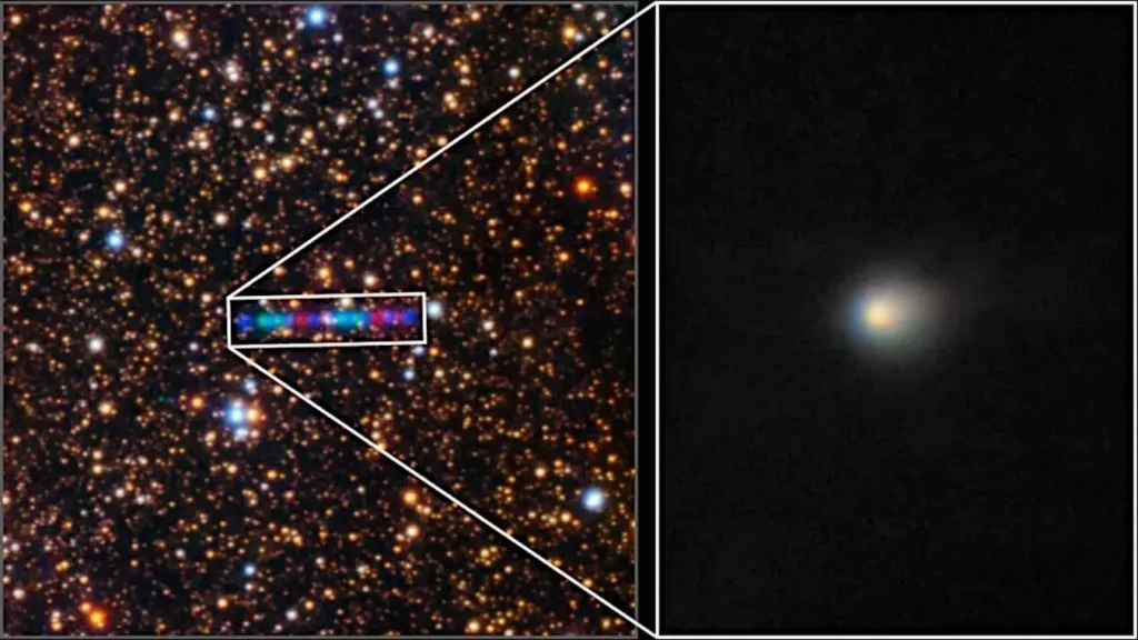 Objeto interestelar 3I/ATLAS divide cientistas: estudo menciona até alienígenas “possivelmente hostis” 1 3I/ATLAS: ao contrário do que divulgaram alguns sites e perfis, a imagem à esquerda NÃO é o formato do objeto. É uma imagem de rastreamento de seu movimento, com várias fotos, colorizada para reproduzir a intensidade de brilho em cada foto obtida. O painel da direita mostra as múltiplas exposições combinadas para formar uma única imagem do cometa. Crédito: • Observatório Gemini/NOIRLab/NSF/AURA/K. Meech (IfA/U. Havaí) Processamento: Jen Miller, Mahdi Zamani (NSF/NOIRLab)