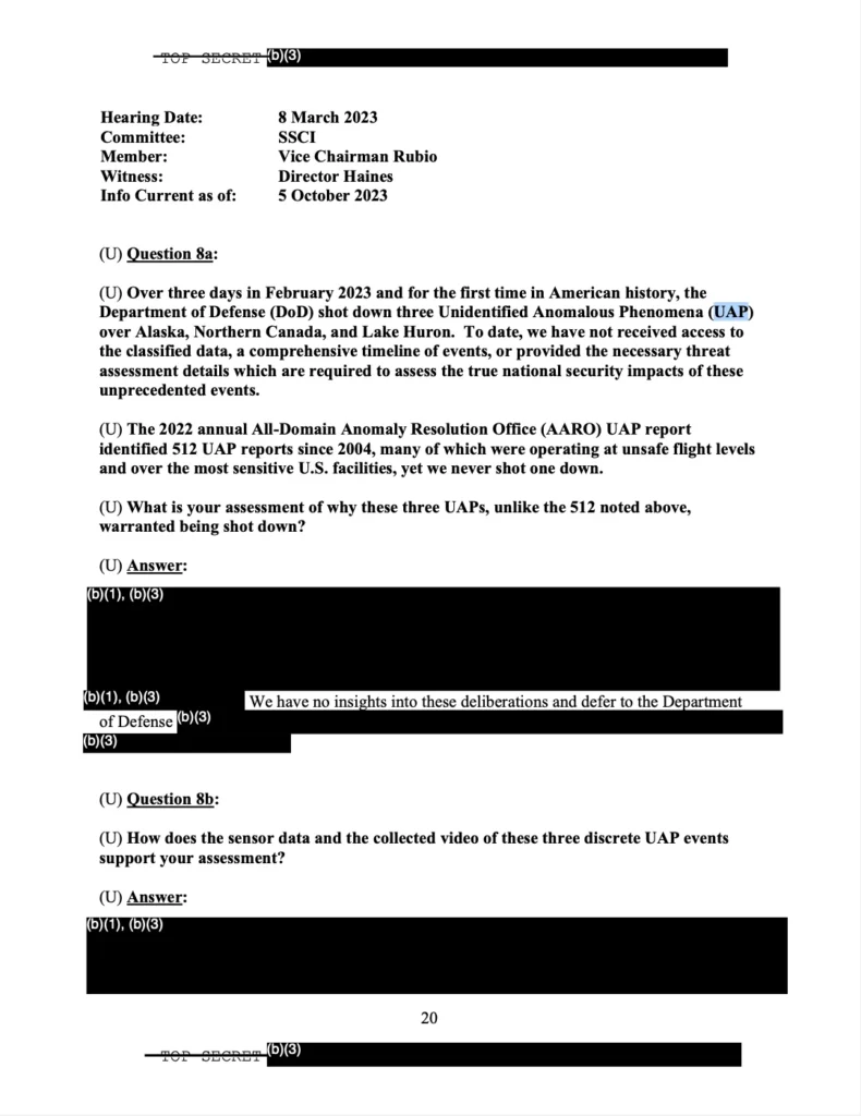 Abates de UAP em fevereiro de 2023: documentos FOIA da DeclassifyUAP expõem opacidade dos EUA 2 Uma das páginas de documentos liberados.