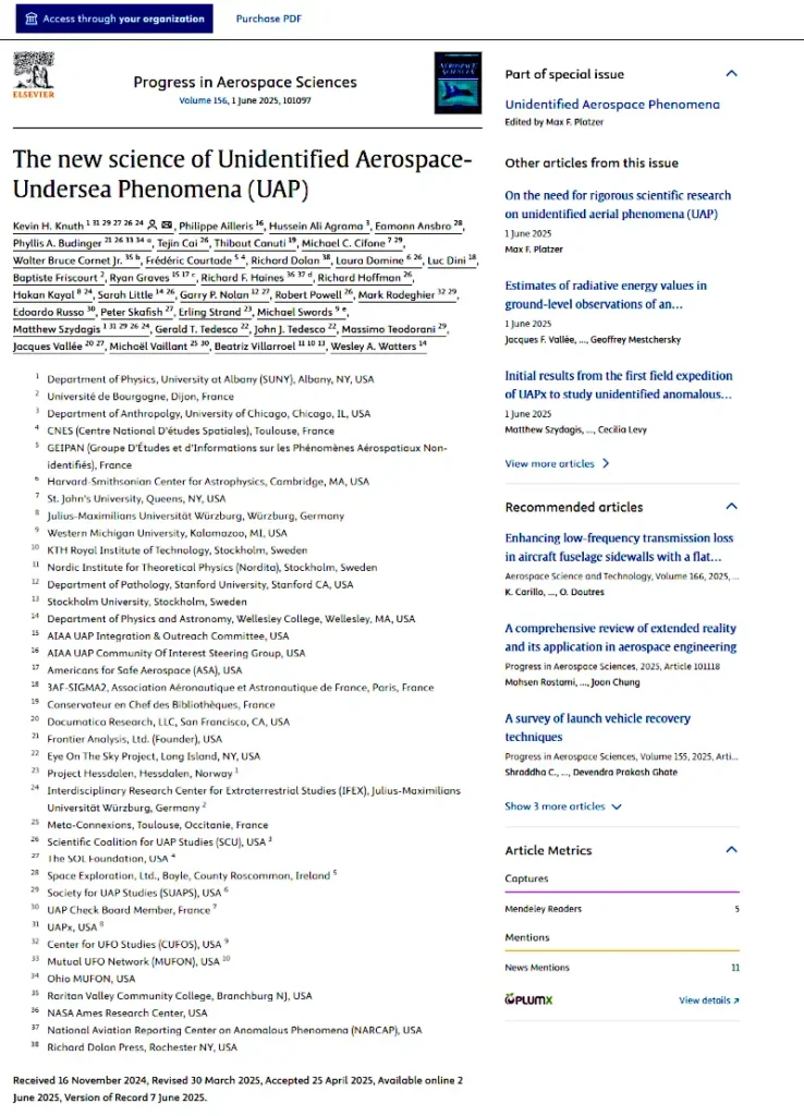Estudo científico histórico propõe esforço geracional para desvendar UAPs 9 Cientistas de renome emprestam credibilidade a novo artigo publicado no periódico científico Progress in Aerospace Sciences (Reprodução)