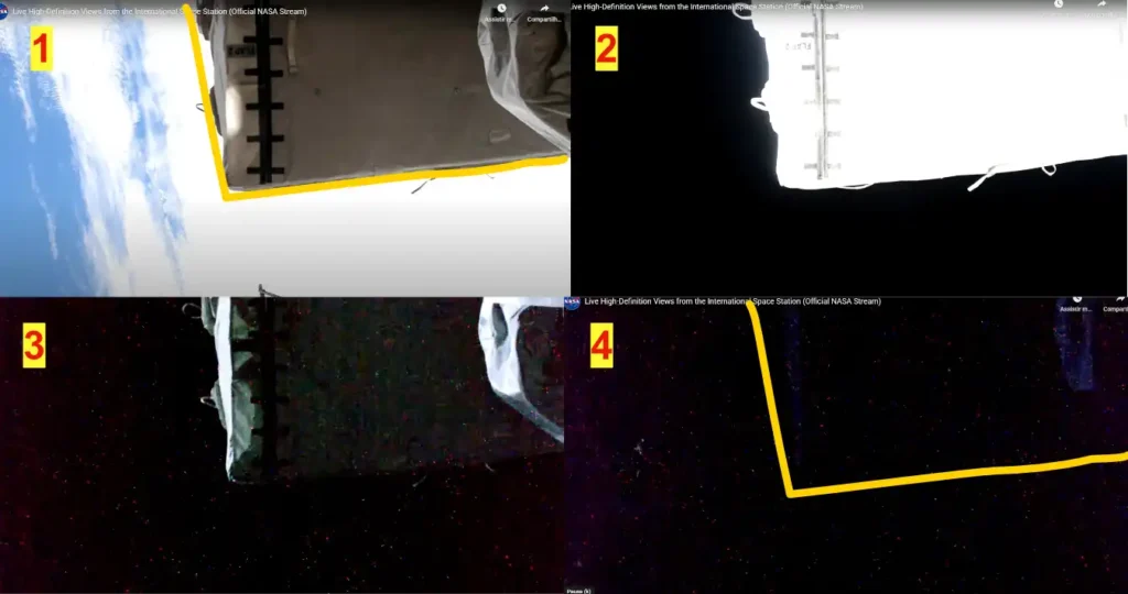 Luzes suspeitas motivaram NASA a cortar transmissão da ISS? 2 Entrada da ISS no lado escuro - ruido na imagem lembra estrelas e painel do Adaptador de Acoplamento Internacional fica 'invisível' (Reprodução - Youtube)