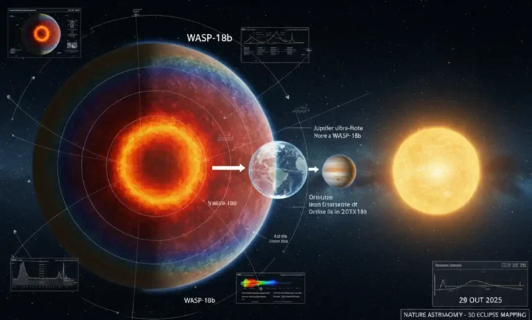 Astrônomos criam pela primeira vez mapa tridimensional real da atmosfera de um exoplaneta usando o Telescópio Espacial James Webb (Ilustração por IA)