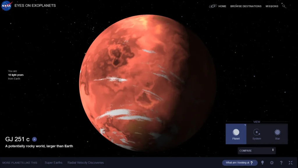 Super-terra descoberta gira em zona habitável próxima 1 Representação da super-terra GJ 251 c no Eyes On Exoplanets, da NASA (Reprodução)