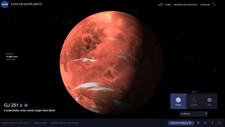 Representação da super-terra GJ 251 c no Eyes On Exoplanets, da NASA (Reprodução)