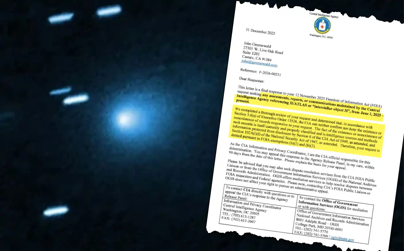 CIA silencia sobre o objeto interestelar 3I/ATLAS e acirra suspeitas