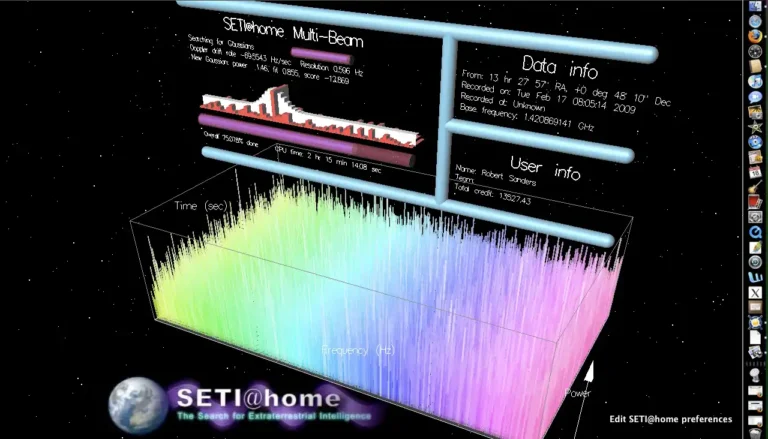 Captura de tela de um PC rodando o software colaborativo SETI@Home em busca de sinais alienígenas (Credito: Robert Sanders/UC Berkeley)