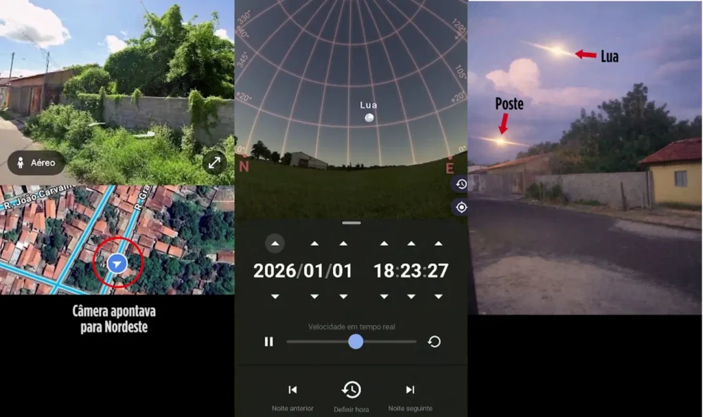 A pegadinha da foto dos "não-OVNIs" de Barras, no Piauí 4 Simulação do céu a partir da perspectiva da câmera em 1 de janeiro de 2026 mostra que a Lua estava na mesma posição, em angulo e direção, da segunda luz (crédito Jorge Uesu)