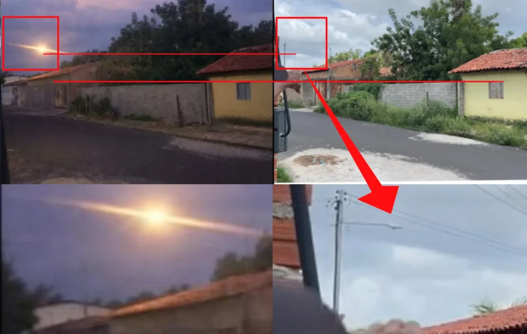 A pegadinha da foto dos "não-OVNIs" de Barras, no Piauí 3 Localização exata do poste de iluminação "invertido" presente na rua, com parâmetros para comparação de posição, com base em frames da própria reportagem (composição Portal Vigília)